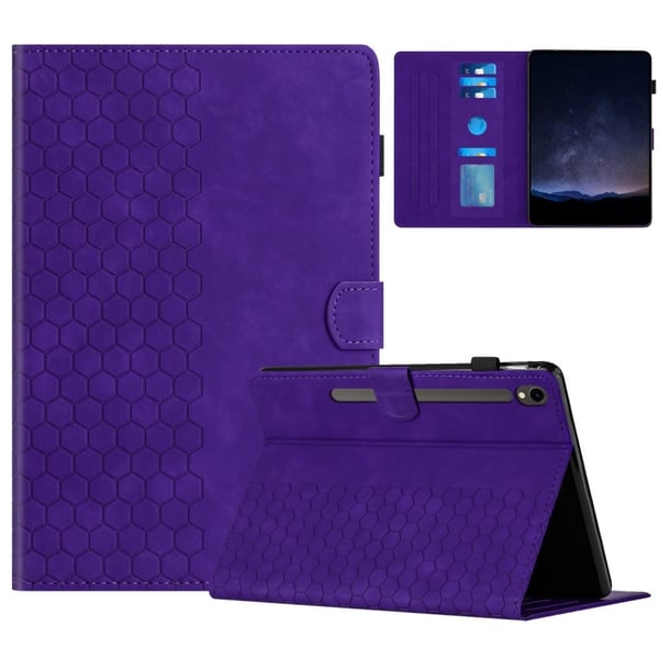 Samsung Galaxy Tab S9 FE / S9 Etui Honeycomb Trykt lærdeksel til nettbrett med kortspor - Lilla