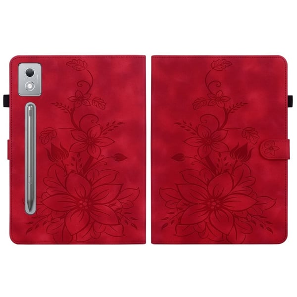 Lenovo Tab P12 Pro 12.7 2025 / Xiaoxin Pad Pro 12.7 (2025) Etui Lily Flower Imprint Card Slots Læder Tablet Cover - Rød