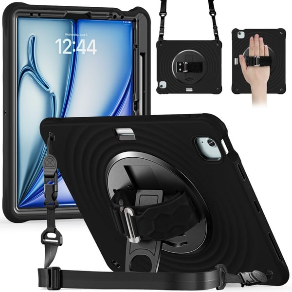 iPad Air 13 (2024) Etui Kickstand Håndrem Tablet Cover med skulderrem - Sort iPad Air 13 (2024) Etui Kickstand Håndrem Tablet Cover med skulderrem - Sort