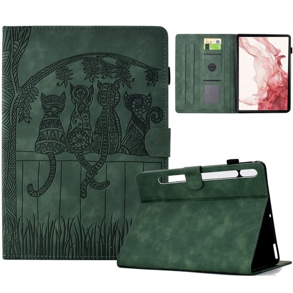 Samsung Galaxy Tab S8 X700 X706 / S7 T870 T875 Case Cats Imprinted Vegansk Læder Card Slots Tablet Cover - Grøn