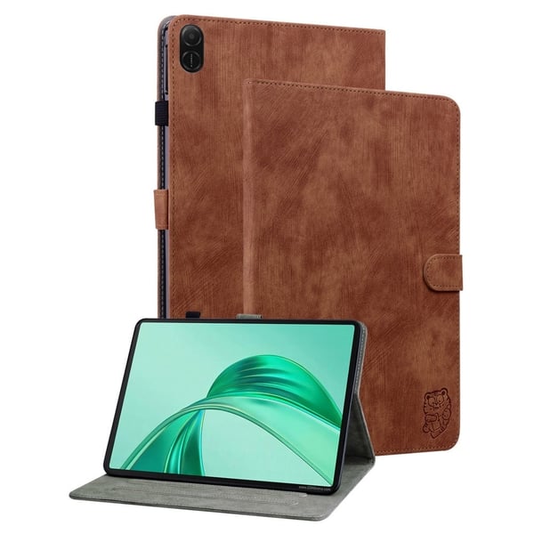 Honor Pad X8a-etui Tigeravtrykk Anti-riper deksel til nettbrett i vegansk lær - Brun