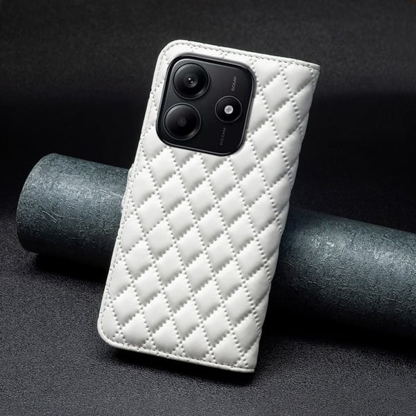 Rombemønster, matt flip-deksel for Xiaomi Redmi Note 14 5G - Hvit
