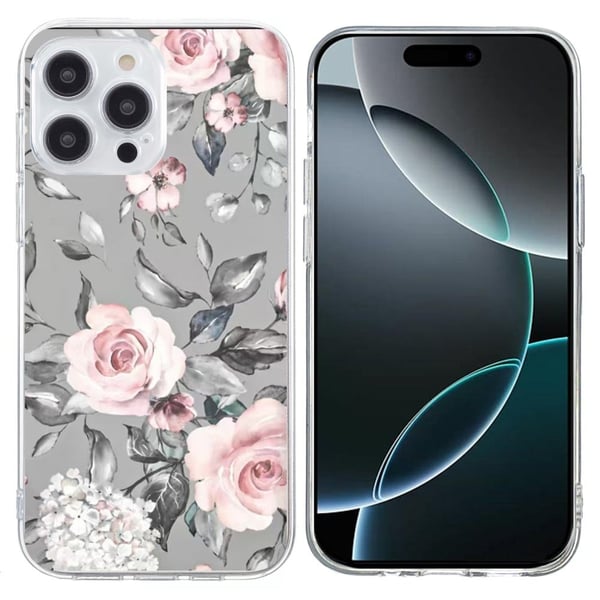 Vibe iPhone 16 Pro cover - Blomster Med Grå Baggrund Vibe iPhone 16 Pro cover - Blomster Med Grå Baggrund
