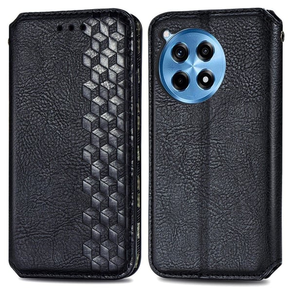 Skinn-etui med stilfult rombeavtrykk for OnePlus Ace 3 Pro - Svart
