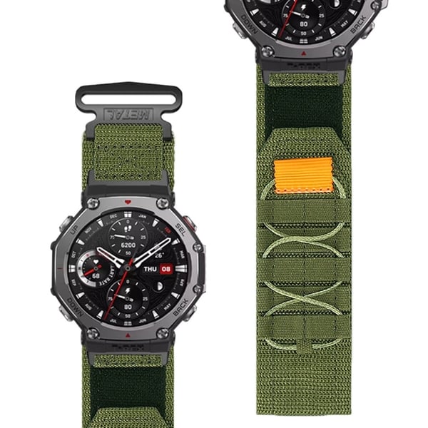 Huami Amazfit T-Rex 3 Nylon Watch Band Loop Fastener Håndledsrem med stik - Militærgrøn