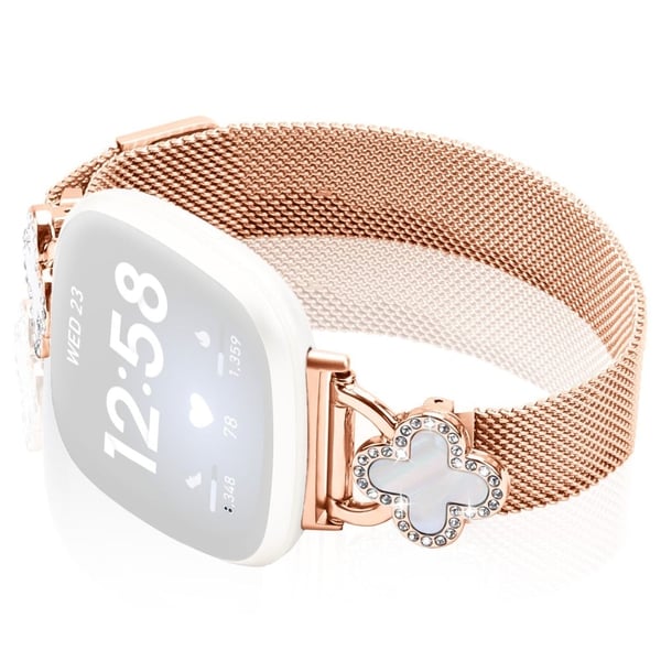 Fitbit Versa 3 / Sense Milanese Band Galvanisert klokkerem i rustfritt stål med kløvertilkobling, str: S - Rose Gull