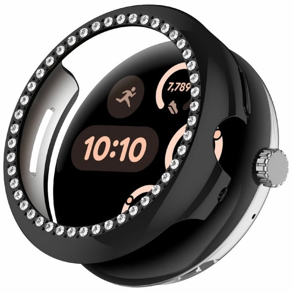 Google Pixel Watch 3 45 mm uthult deksel Rhinestone Decor PC Watch Frame Case - Elektroplettering Svart