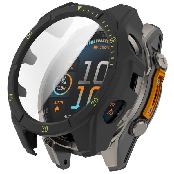 Garmin Fenix 8 47mm Watch Case PC Frame Cover med skærmfilm af hærdet glas - Sort + Grøn