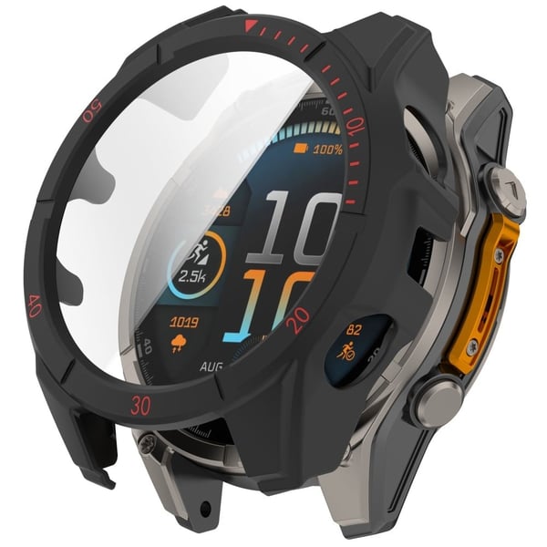 Garmin Fenix 8 51 mm urkasse med PC-ramme og skærmfilm af hærdet glas - Sort + Rød