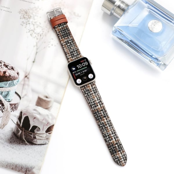 Pleddtekstur i ull og lærarmbånd Apple Watch Series 10 42 mm - Svart / Brun