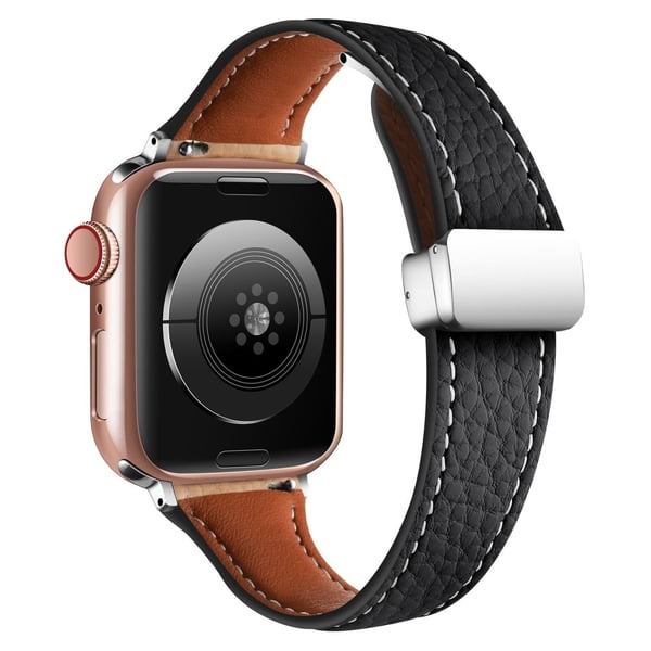 Lærarmbånd Apple Watch Series 10 46 mm med litchi-tekstur og sammenleggbar spenne - Svart