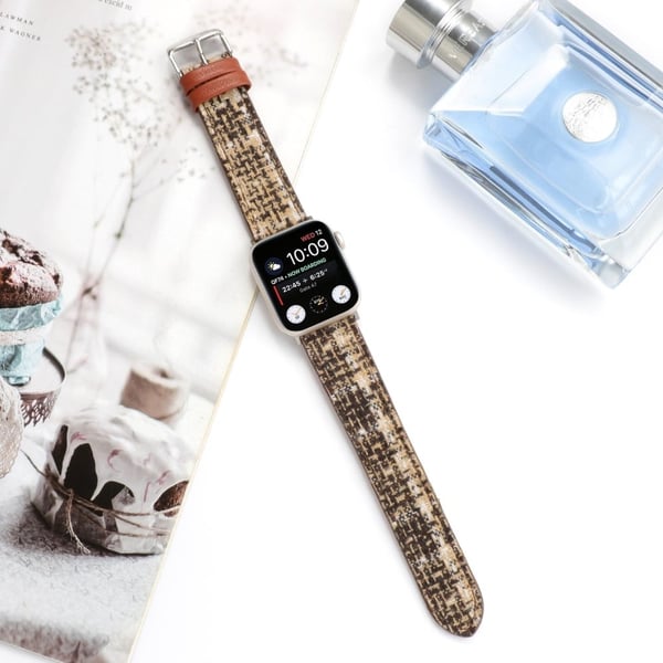 Pleddtekstur i ull og lærarmbånd Apple Watch Series 10 42 mm - Kaffe