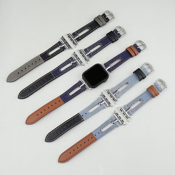 Denim og lærklokkearmbånd Apple Watch Series 10 42 mm - Lyseblå + Brun