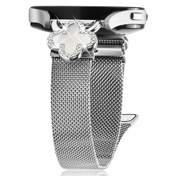 Samsung Galaxy Watch 42mm Milanese Band Metall magnetisk klokkerem med kløverdekor, str: L - Sølv / Sølv