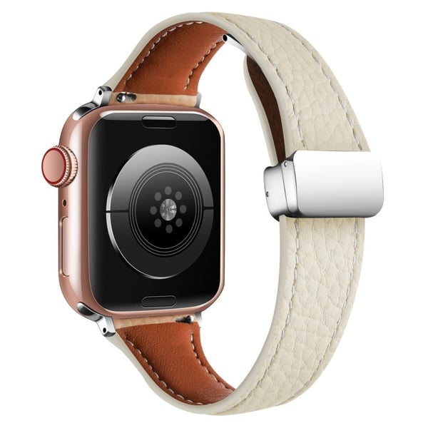 Lærarmbånd Apple Watch Series 10 46 mm med litchi-tekstur og sammenleggbar spenne - Beige