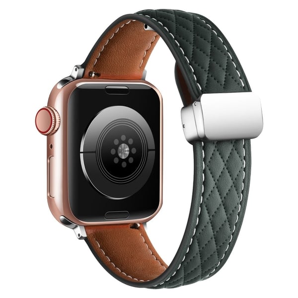 Læderurrem Apple Watch Series 10 46mm Rhombus Texture-rem med foldespænde - Grøn Læderurrem Apple Watch Series 10 46mm Rhombus Texture-rem med foldespænde - Grøn