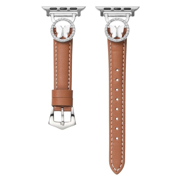 Lærrem Apple Watch Series 10 46mm Rhinestone Butterfly Band - Brun + Sølvspenne