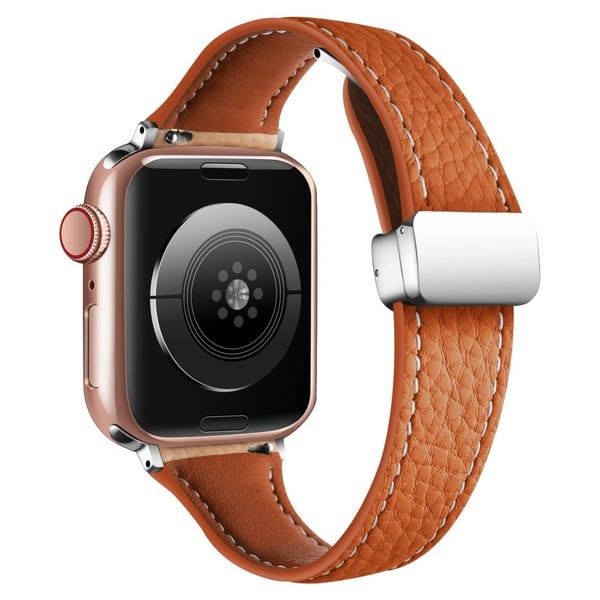 Lærarmbånd Apple Watch Series 10 46 mm med litchi-tekstur og sammenleggbar spenne - Oransje