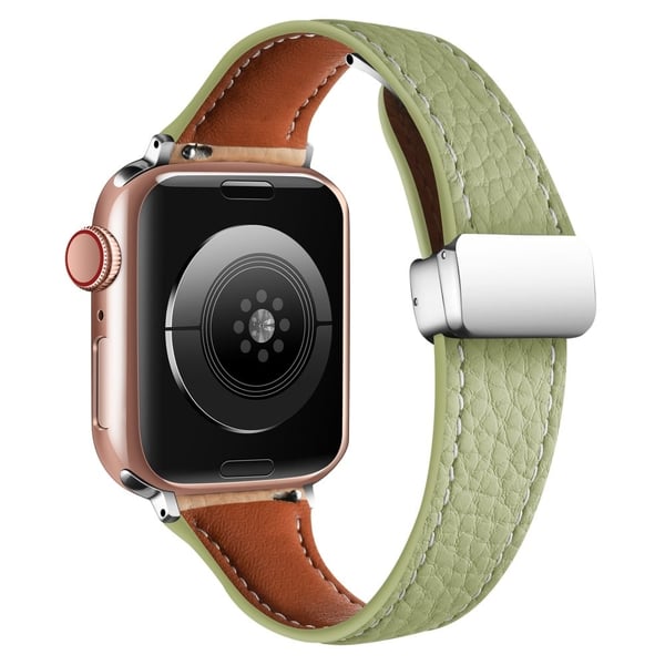Lærarmbånd Apple Watch Series 10 46 mm med litchi-tekstur og sammenleggbar spenne - Avokadogrønn