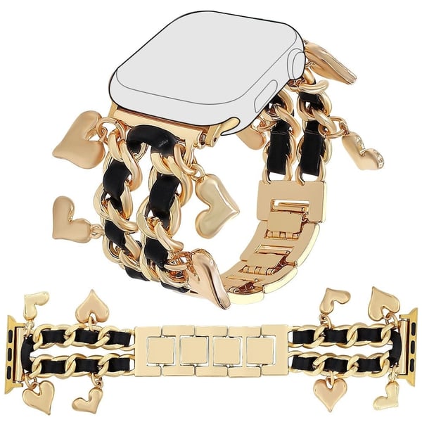 Klockarmband Apple Watch Series 10 42mm legering och läderarmband med hjärthänge - Guld + Svart