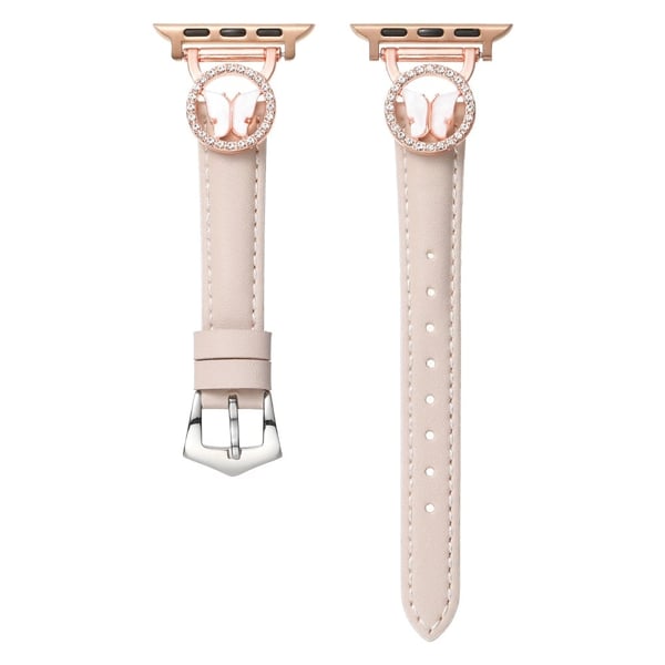 Lærrem Apple Watch Series 10 42mm Rhinestone Butterfly Band - Beige + Spenne I Roségull