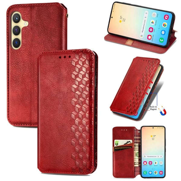 Skinn-etui med stilfult rombeavtrykk for Samsung Galaxy S25 Plus - Rød