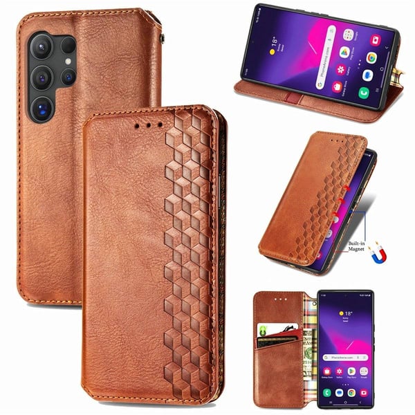 Skinn-etui med stilfult rombeavtrykk for Samsung Galaxy S25 Ultra - Brun