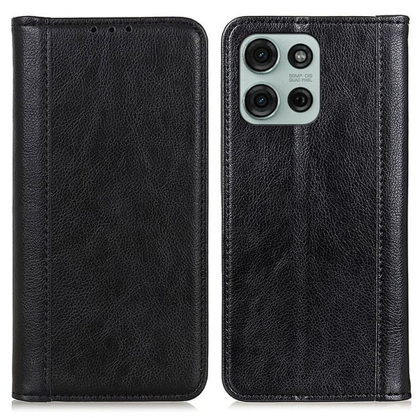 Ekte lærdeksel med magnetisk lukking for Motorola Moto G75 - Svart