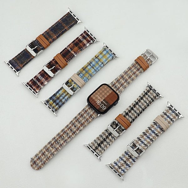Armbånd Apple Watch Series 10 46 mm Vintage Wool + lærrem - Blå + Brun
