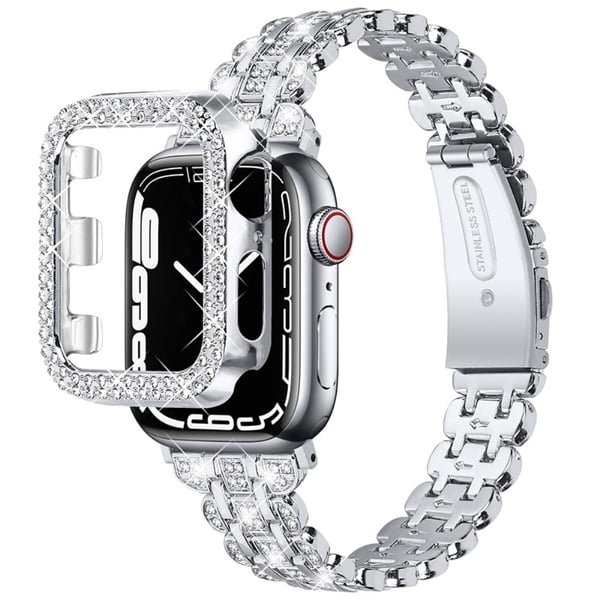 Apple Watch (41 mm) urrem i rustfritt stål med rhinestone-dekor og deksel - Sølv