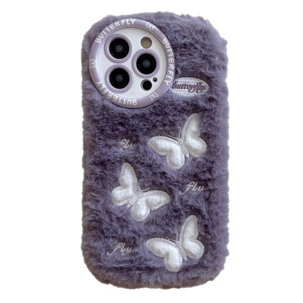 iPhone 16 Pro Case Butterfly Design Warm Plush Flexible Phone Cover - Purple