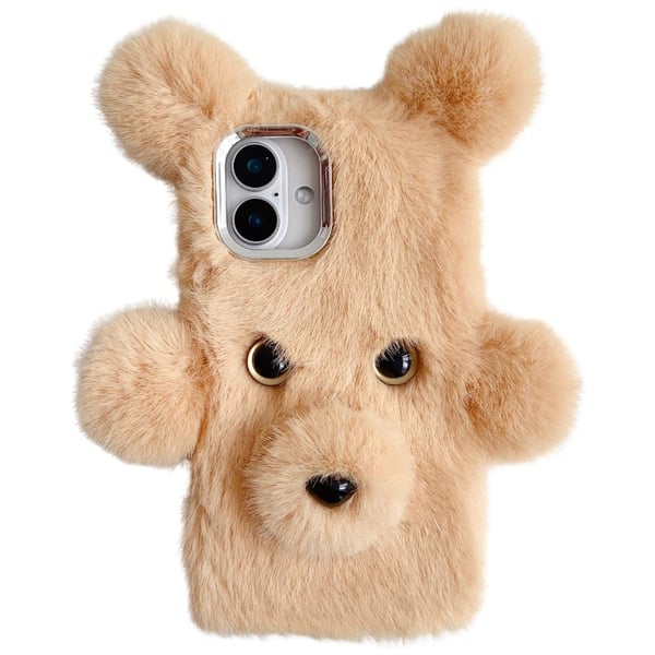 iPhone 16 Plus Case 3D Bear Faux Fur Fluffy Inner Flexible Phone Cover - Beige