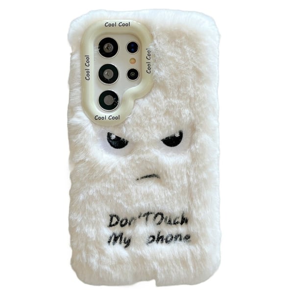 KJS-020 Samsung Galaxy S24 Ultra Case Lens Kickstand Humorous Face Warm Fluffy Flexible Phone Cover - White KJS-020 Samsung Galaxy S24 Ultra Case Lens Kickstand Humorous Face Warm Fluffy Flexible Phone Cover - White