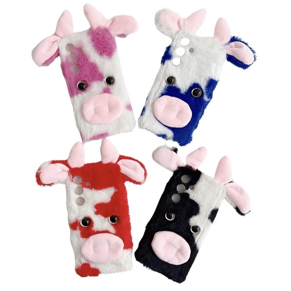 Samsung Galaxy S25 Case Fluffy Cute Cow Winter Plush Inner Flexible Phone Cover - Black