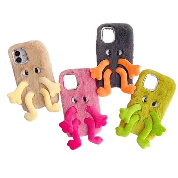 iPhone 16 Plus Fluffy Phone Case Long Leg Expressive Eye Flexible Mobile Cover - Beige