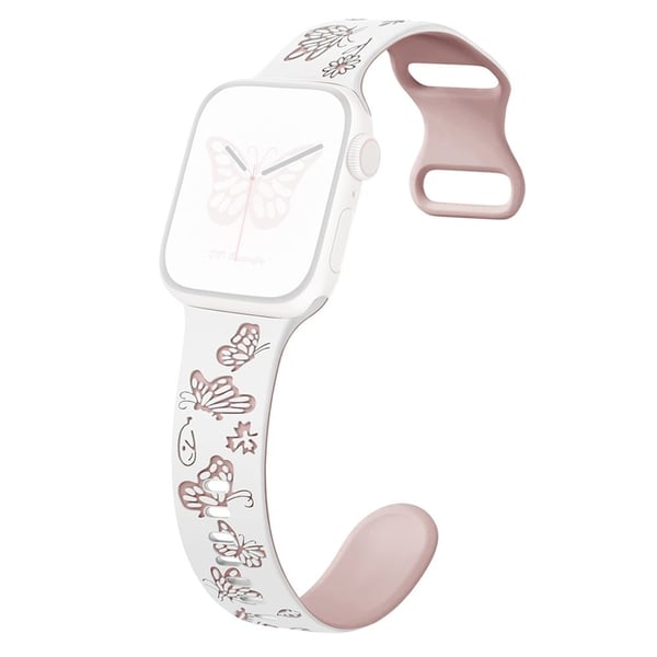 KALEBOL tofarget silikonrem Apple Watch Series 10 42 mm sommerfuglspenneklokkearmbånd - Hvit + Rosa