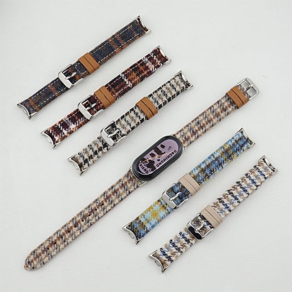 Slank klokkerem Xiaomi Smart Band 9 / 9 NFC / 8 / 8 NFC, vinter vintage ull + lærarmbånd - Lysebrun + Blå