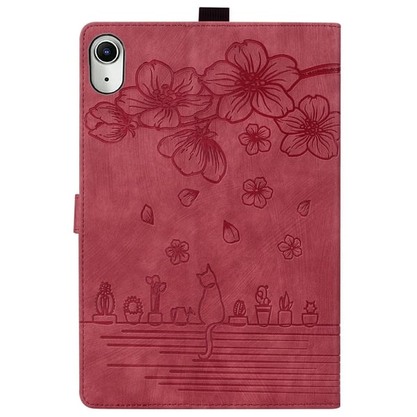 iPad mini (2024) / mini (2021) Case Flip Stand Leather Phone Cover Cherry Blossom Cat Imprinted - Red