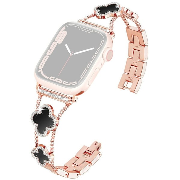 KALEBOL Metallklokkebånd Apple Watch Series 10 46 mm Rhinestone Clover sinklegeringsrem - Rose Gull