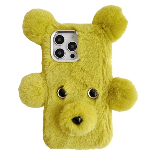 iPhone 16 Pro Max Case 3D Bear Faux Fur Fluffy Inner Flexible Phone Cover - Green