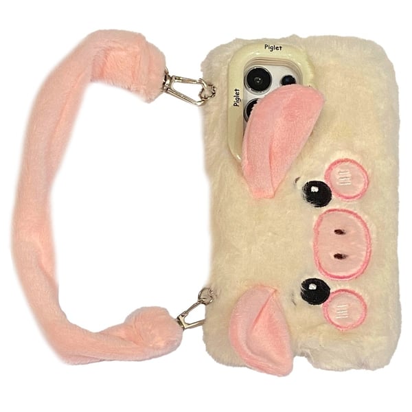 KJS-019 Samsung Galaxy S24 Ultra Case Lens Kickstand Joustava Piglet Plush Handheld Phone Cover - Valkoinen