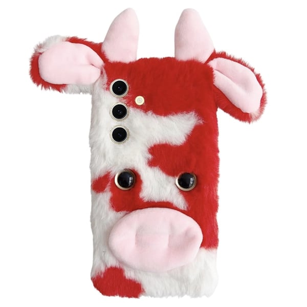 Samsung Galaxy S25 Plus Case Fluffy Cute Cow Winter Plush Inner Flexible Phone Cover - Red