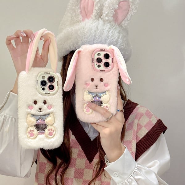 KJS-023 iPhone 15 Pro Max Case Cute Rabbit Lens Kickstand Flexible Warm Plush Handheld Phone Cover - White