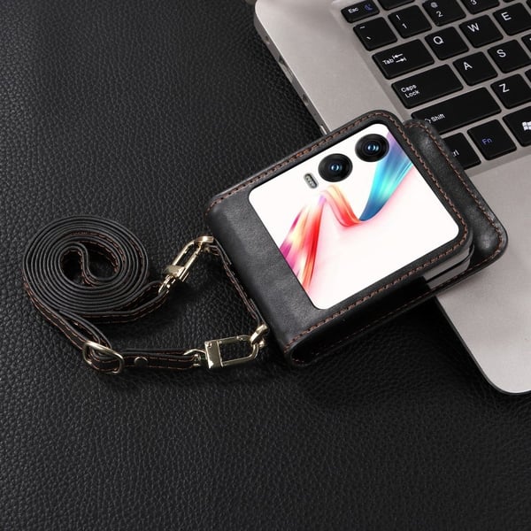 Infinix Zero Flip 5G X6962 Case Card Slots Leather Phone Cover with Lanyard - Black