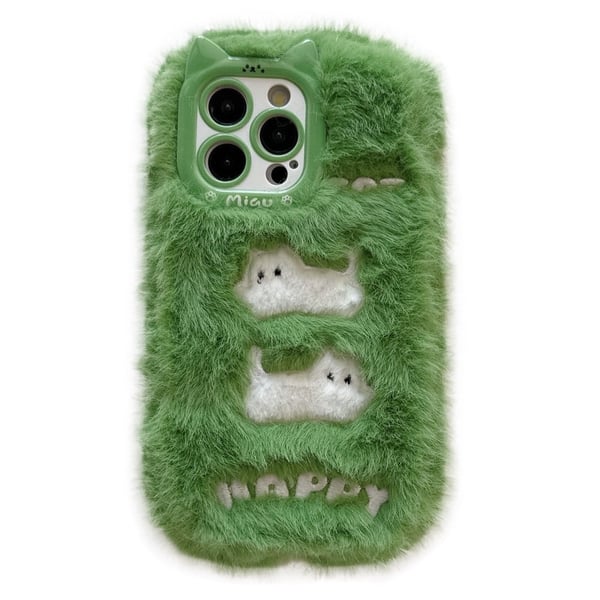 iPhone 16 Pro Max Case Embroidered White Cats Fuzzy Winter Flexible Phone Cover - Green
