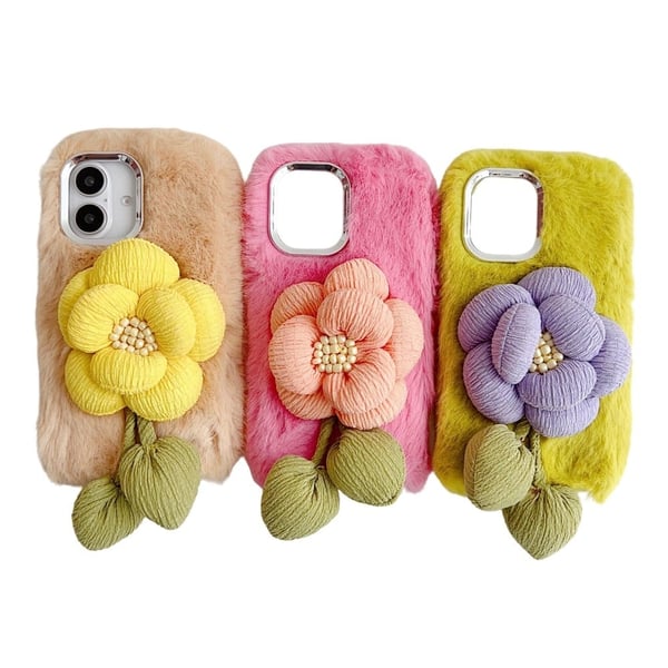 iPhone 16 Plush Phone Case 3D Flower Decor Fluffy Flexible Back Cover - Pink