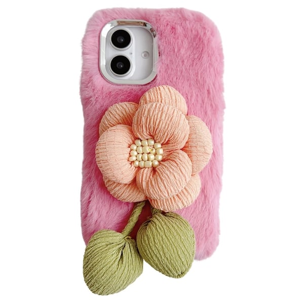 iPhone 16 Plush Phone Case 3D Flower Decor Fluffy Flexible Back Cover - Pink