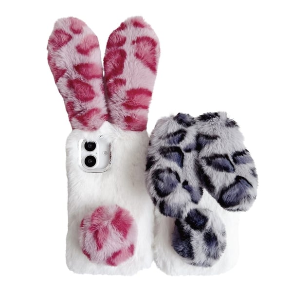iPhone 16 Etui Fluffy Leopard Splicing Bunny Plys Fleksibelt telefon cover - Lyserød