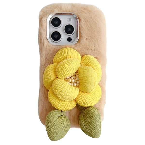 iPhone 16 Pro Max Plush Phone Case 3D Flower Decor Fluffy Flexible Back Cover - Beige