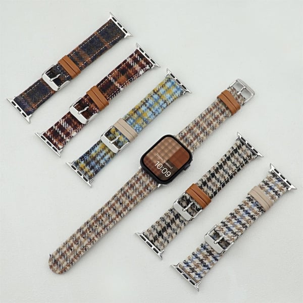 Armbånd Apple Watch Series 10 42 mm Vintage ullarmbånd + lærarmbånd - Lysebrun + Blå